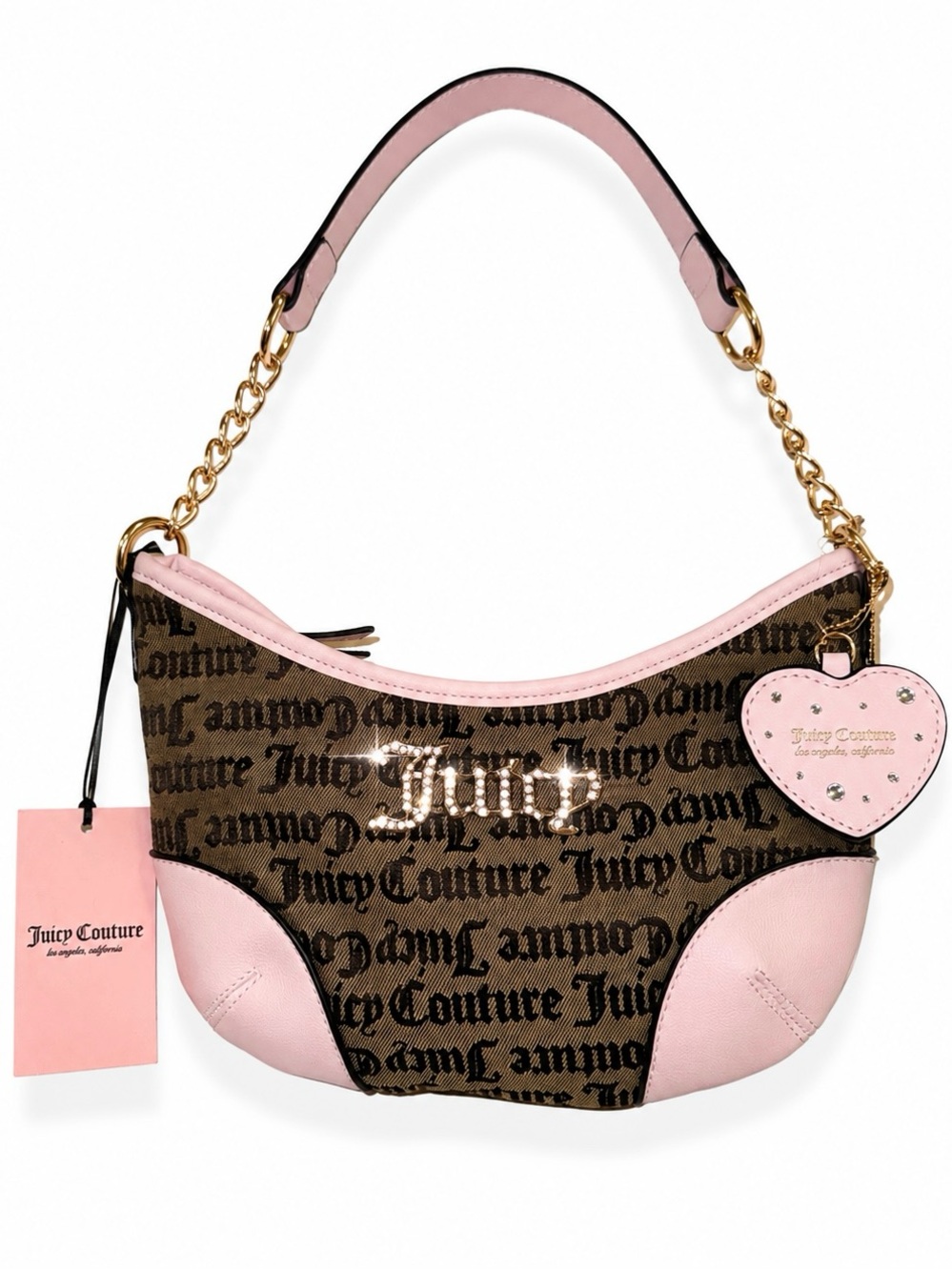 NWT Juicy Couture Block Party Shoulder Bag Brown & Pink w Heart Charm